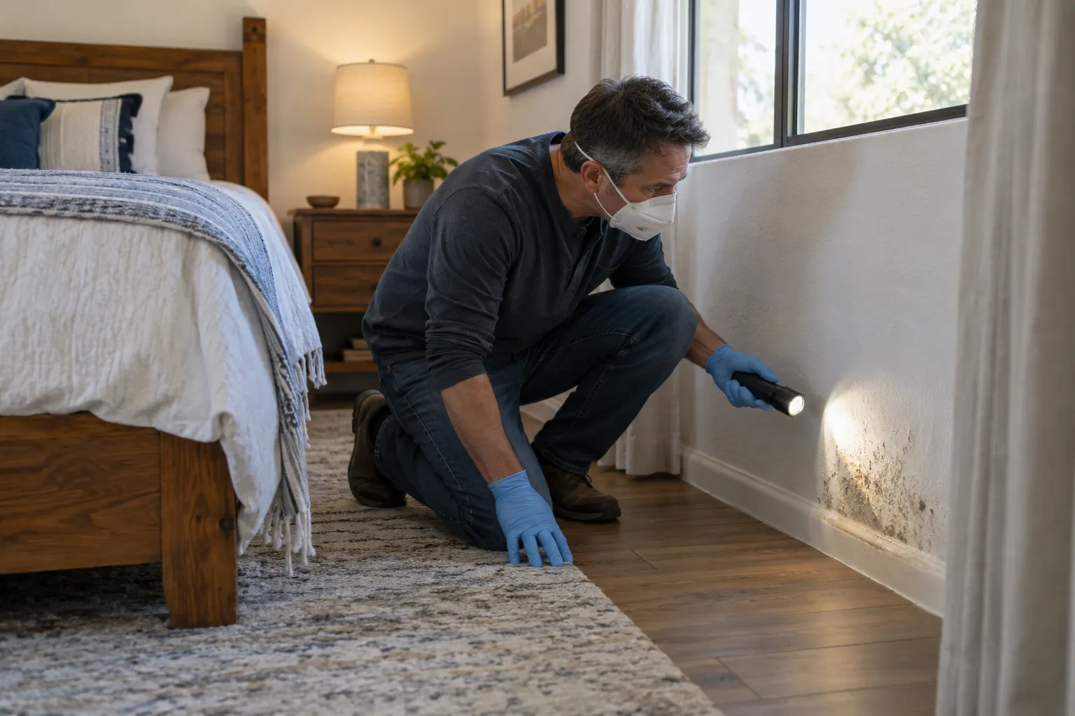 Homeowner checking a damp wall corner for mold in a Sacramento home