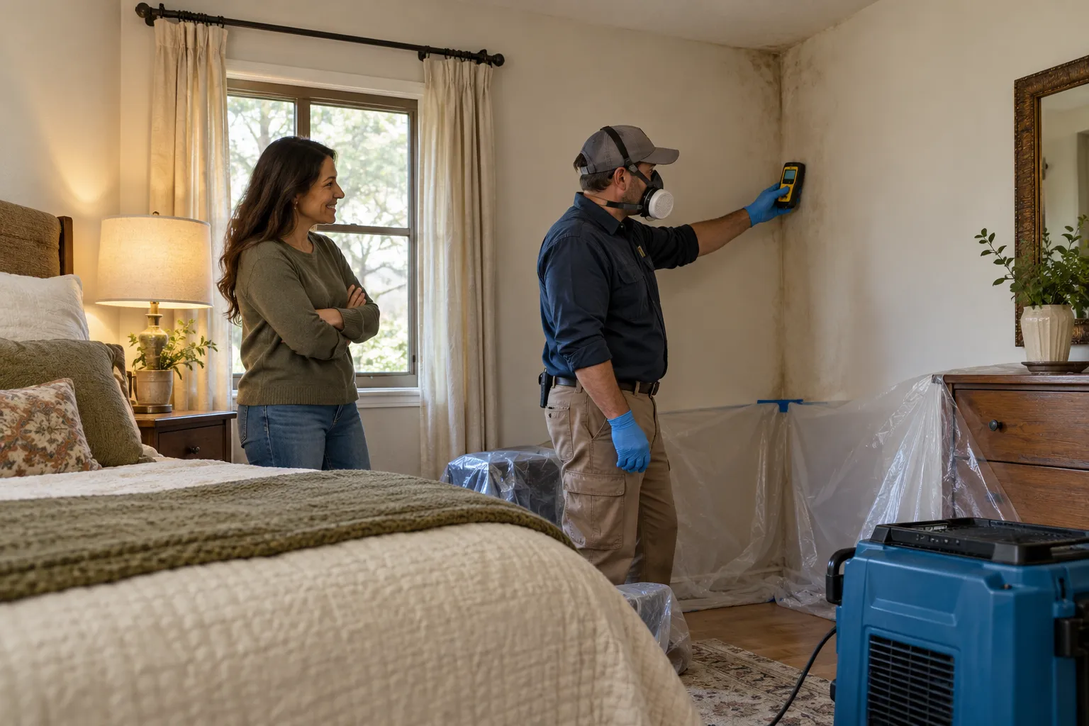Friendly mold remediation provider checking a wall with a moisture meter in a Sacramento home